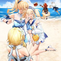  5girls bag barbara_(genshin_impact) barbara_(summertime_sparkle)_(genshin_impact) bare_shoulders beach bird blonde_hair blouse blue_sky cabbie_hat choker closed_eyes commentary day detached_sleeves dress duck feet genshin_impact halo hat high_heels highres holding_another&#039;s_arm jean_(genshin_impact) jean_(sea_breeze_dandelion)_(genshin_impact) klee_(genshin_impact) long_sleeves lumine_(genshin_impact) multiple_girls ocean official_alternate_costume open_mouth outdoors paimon_(genshin_impact) ponytail romper sandals shirt siblings sisters sky sleeveless soruna_(nell) swimsuit twintails white_hair white_romper 