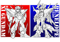  2girls absurdres armor atsushi-jima_(yatterseven) blue_background breasts character_name commentary_request english_text full_body greyscale_with_colored_background gundam gundam_hathaway&#039;s_flash highres humanization long_hair looking_at_viewer mecha_musume medium_breasts midriff multiple_girls navel penelope_(hathaway&#039;s_flash) red_background science_fiction sidelocks smile standing v-fin xi_gundam 