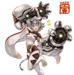  2022 :3 animal_ears belt black_hair blackball bodysuit breasts chinese_zodiac eyebrows_hidden_by_hair female grey_hair highres mecha_musume medium_breasts multicolored_hair open_hands open_mouth original short_hair smile solo streaked_hair tail tiger_ears tiger_girl tiger_tail white_background white_bodysuit year_of_the_tiger 