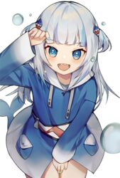  blue_eyes blue_hair blue_hoodie blue_nails bubble female fins fish_skeleton fish_tail gawr_gura gawr_gura_(1st_costume) hair_ornament hololive hololive_english hood hoodie open_mouth shark_girl shark_hair_ornament shark_tail sharp_teeth smile solo tail teeth two_side_up virtual_youtuber xoaiu zipper 