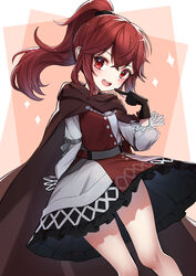  :d absurdres anna_(fire_emblem) black_gloves commentary dress feet_out_of_frame female fire_emblem fire_emblem_engage gloves hako_momiji highres long_hair long_sleeves looking_at_viewer open_mouth ponytail red_dress red_eyes red_hair smile solo thighs two-tone_dress white_dress 