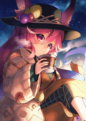  animal_ear_fluff animal_ears blue_hair blush cleo_(dragalia_lost) commentary_request cup dragalia_lost dress female gradient_hair green_dress hat hat_ornament highres holding holding_cup jacket light light_smile long_hair long_sleeves looking_at_viewer mug multicolored_hair nakabayashi_zun nebula night night_sky overall_skirt purple_eyes purple_hair rabbit_ears raised_eyebrows shadow signature sitting skirt sky smile solo star_(sky) starry_sky steam very_long_hair watermark white_jacket yellow_skirt 