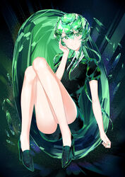  androgynous black_necktie black_shorts commentary crystal_hair female gem gem_uniform_(houseki_no_kuni) green_eyes green_hair hair_rings highres houseki_no_kuni jade_(houseki_no_kuni) long_hair looking_at_viewer marie_mushroom necktie shirt short_hair short_sleeves shorts smile solo sparkle symbol-only_commentary white_shirt 