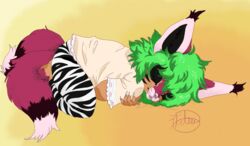  ambiguous_gender animal_print ankle_tuft anthro bottomwear canid canine cheek_stripes claws clothing comfy curled_hair ear_hair ear_tuft eyebrows eyelashes felid fluffy fluffy_ears fluffy_hair fluffy_tail fox frilly fur gigiolliwilli gradient_background green_hair hair hi_res hybrid inner_ear_fluff leg_tuft lolicon long_ears lying_on_ground mammal on_ground pantherine pants pink_body pink_fur pink_nose purple_body purple_fur shirt simple_background sleeping small_nose solo tail tan_body tan_skin tiger topwear tuft whiskers young zebra_print 