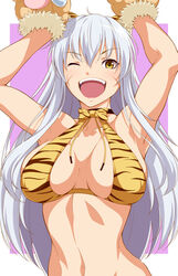  ;d animal_ears animal_hands animal_print arms_up bikini border breasts commentary_request fake_animal_ears female gloves halterneck large_breasts long_hair looking_at_viewer navel one_eye_closed open_mouth outside_border paw_gloves paw_pose print_bikini purple_background qwel_08 sengoku_otome smile solo swimsuit takeda_shingen_(sengoku_otome) tiger_ears tiger_print white_border white_hair yellow_bikini yellow_eyes 