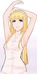  armpits arms_up blonde_hair blue_eyes breasts commentary_request female headband highres hime_cut ignis_(artist) long_hair nagi_(ignis) original self-upload sideboob solo white_headband 