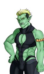  3:5 abs alternative_fashion armband blonde_hair bulge clothed clothing drawfee_(copyright) drawtectives draycefayce goth green_body green_skin gyorik_rogdul hair hi_res humanoid humanoid_pointy_ears male muscular muscular_humanoid muscular_male not_furry orc sharp_teeth skimpy solo teeth underbite undercut 