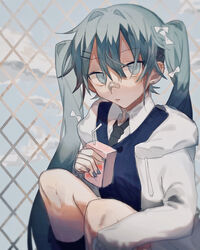  absurdres bandaid bandaid_on_face bandaid_on_nose black_necktie blue_eyes blue_hair blue_sky blue_sweater bow chain-link_fence cloud commentary ear_piercing feet_out_of_frame female fence hair_ornament hairbow hairclip hatsune_miku highres hood hood_down hoodie juice_box kineta long_hair long_sleeves looking_at_viewer necktie parted_lips piercing school_uniform sitting sky sleeves_past_wrists solo sweater twintails vocaloid white_bow white_hoodie 