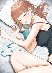  bed_sheet bra bra_strap breasts brown_hair closed_eyes commentary_request doushimasho female fingernails highres large_breasts legs long_hair lying mole mole_on_arm mole_on_armpit mole_on_cheek mole_on_hand mole_on_leg mole_on_neck mole_on_shoulder mole_on_thigh multiple_moles nail_polish on_side original parted_lips pillow sideboob sleeping solo strap_slip tank_top underwear 