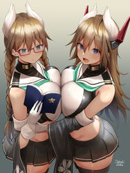  2girls :d animal_ears aqua_eyes azur_lane bare_shoulders between_breasts black_legwear black_skirt blue_eyes blush book braid breast_press breasts brown_hair cherry_blossom_print commentary_request cowboy_shot crop_top detached_sleeves extra_ears floral_print furutaka_(azur_lane) furutaka_(retrofit)_(azur_kane) glasses gloves gradient_background groin hair_between_eyes hand_on_another&#039;s_stomach headgear highres holding holding_book kako_(azur_lane) kako_(retrofit)_(azur_lane) large_breasts long_hair looking_at_viewer midriff miniskirt multiple_girls neckerchief necktie necktie_between_breasts oekakizuki open_mouth pleated_skirt red-framed_eyewear sailor_collar school_uniform semi-rimless_eyewear serafuku shirt sidelocks signature skindentation skirt smile symmetrical_docking thighhighs twin_braids twintails under-rim_eyewear undershirt white_gloves wide_sleeves zettai_ryouiki 