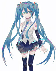  absurdres black_skirt black_sleeves blue_eyes blue_hair blue_nails blue_necktie blue_thighhighs closed_mouth collared_shirt commentary detached_sleeves feet_out_of_frame female hair_between_eyes hatsune_miku highres kineta light_smile long_hair long_sleeves looking_at_viewer necktie pleated_skirt shirt simple_background skirt sleeveless sleeveless_shirt solo tattoo thighhighs twintails twitter_username very_long_hair vocaloid white_background white_shirt 