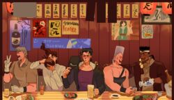  5boys alcohol bar_(place) bare_shoulders beer_mug black_hair chains commentary cup drunk gakuran grey_hair hat highres indoors iq230230 izakaya jean_pierre_polnareff jojo_no_kimyou_na_bouken joseph_joestar joseph_joestar_(old) kakyoin_noriaki kujo_jotaro long_sleeves male_focus mohammed_avdol mug multiple_boys muscular muscular_male pectoral_cleavage pectorals poster_(object) sake school_uniform single_strap stardust_crusaders unworn_hat unworn_headwear 