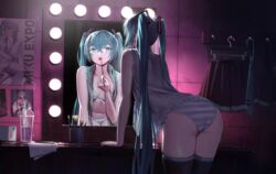  applying_makeup aqua_eyes aqua_hair ass backstage black_skirt black_thighhighs bra bubble_tea commentary cup disposable_cup dressing_room drink female hatsune_miku hatsune_miku_expo highres long_hair makeup mirror open_mouth panties poster_(object) reflection skirt solo striped_bra striped_clothes striped_panties thighhighs twintails underwear unworn_skirt vertigris vocaloid 