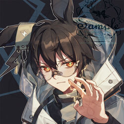  1boy aluce animal_ears arknights artist_name ayerscarpe_(arknights) bandaid black_hair blush closed_mouth coat electricity glasses hand_up jacket lightning_bolt_symbol looking_at_viewer male_focus orange_eyes pale_skin rabbit_ears serious short_hair signature simple_background solo standing watermark 