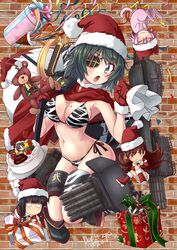  4girls absurdres animal_costume animal_print bikini breasts brick_wall cake cape cat_costume christmas cleavage commentary_request eyepatch food full_body fur-trimmed_gloves fur-trimmed_headwear fur_trim gift gloves green_eyes green_hair hat highres kantai_collection kiso_(kancolle) kitakami_(kancolle) kuma_(kancolle) looking_at_viewer machinery maru-yu_(kancolle) medium_breasts multiple_girls ooi_(kancolle) red_cape red_gloves red_headwear santa_costume santa_hat short_hair side-tie_bikini_bottom stuffed_animal stuffed_toy swimsuit tama_(kancolle) teddy_bear tiger_print torpedo_launcher yaegashi_(muzzuleflash) 