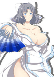  absurdres blue_eyes bow breasts cleavage collarbone female grey_hair hairbow hand_fan highres holding holding_fan japanese_clothes kimono large_breasts looking_at_viewer medium_hair off_shoulder parted_bangs senran_kagura senri_(senri03151221) solo striped striped_bow tessen war_fan white_bow white_kimono yumi_(senran_kagura) 