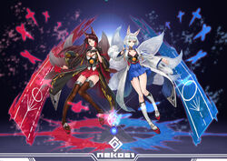  2girls aircraft airplane akagi_(azur_lane) animal_ear_fluff animal_ears artist_name azur_lane black_background blue_eyes blue_skirt breasts brown_hair brown_thighhighs cleavage cleavage_cutout closed_mouth clothing_cutout commentary eyeshadow fox_ears fox_tail full_body geta glint grin hair_tubes hand_on_own_chest haori highres japanese_clothes kaga_(azur_lane) kneehighs knees_together_feet_apart light long_hair looking_at_viewer makeup medium_breasts miniskirt multiple_girls multiple_tails neko61 outstretched_hand paper_doll photoshop_(medium) platform_footwear pleated_skirt red_eyes red_footwear red_skirt runway short_hair sidelocks skirt smile socks straight_hair tail thighhighs thighs white_hair white_socks wide_sleeves zettai_ryouiki 