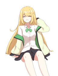  ^_^ arm_behind_head arm_up black_skirt blonde_hair blush breasts brown_jacket chirun0 closed_eyes collared_shirt commentary_request dress_shirt facing_viewer feet_out_of_frame female highres jacket long_hair long_sleeves mythra_(xenoblade) off_shoulder open_clothes open_jacket puffy_long_sleeves puffy_sleeves shirt simple_background sitting skirt sleeves_past_wrists small_breasts smile solo very_long_hair white_background white_shirt xenoblade_chronicles_(series) xenoblade_chronicles_2 