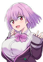  :d blush bow bowtie collared_shirt female gridman_universe hair_between_eyes happy highres jacket light_purple_hair lips off_shoulder open_mouth pink_eyes purple_bow purple_bowtie purple_jacket school_uniform sharumon shinjou_akane shirt short_hair sideways_glance simple_background sleeves_past_wrists smile solo ssss.gridman upper_body waving white_background white_shirt 