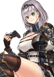  armor armored_boots armored_dress belt black_gloves blue_shirt blue_skirt boots breasts brown_thighhighs chest_belt cleavage cleavage_cutout closed_mouth clothing_cutout collared_shirt commentary female fingerless_gloves gloves green_eyes grey_hair highres hololive knee_boots large_breasts looking_at_viewer medium_hair miniskirt mole mole_on_breast neko61 photoshop_(medium) playstation_controller shirogane_noel shirogane_noel_(1st_costume) shirt shoulder_armor simple_background sitting skirt smile solo strap thighhighs thighs tiara vambraces virtual_youtuber wavy_hair white_background wing_collar 