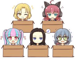  +++ 5girls :d ahoge animal_ear_headphones animal_ears asahi_rokka bang_dream! black-framed_eyewear black_hair black_shirt black_vest blonde_hair blue_eyes blue_hair blue_jacket blunt_bangs blush_stickers box cardboard_box cardigan cat_ear_headphones collarbone collared_shirt commentary_request fake_animal_ears forehead glasses green_eyes grin hair_between_eyes hair_bobbles hair_ornament hair_over_shoulder hair_scrunchie headphones heart highres in_box in_container jacket long_hair long_sleeves looking_at_viewer multicolored_hair multiple_girls musical_note necktie nyubara_reona one_eye_closed open_mouth parted_hair pink_eyes pink_hair print_scrunchie purple_shirt raise_a_suilen red_hair red_jacket red_scrunchie sato_masuki scrunchie shirt short_hair sidelocks simple_background smile spoken_musical_note striped striped_necktie sweatdrop tamade_chiyu tearing_up tears teen_(teen629) track_jacket trembling twintails two-tone_hair upper_body vest wakana_rei wavy_mouth white_background white_cardigan white_shirt yellow_eyes 