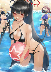  3girls :d absurdres alternate_hairstyle ball beach beachball bikini black_bikini black_gloves black_hair black_mask blonde_hair blue_archive blue_bikini blue_jacket blunt_bangs blush breasts collar fainted fingerless_gloves gloves gyamu_(chewing-gum) hair_over_one_eye hair_slicked_back halo highres holding holding_ball jacket long_hair looking_at_viewer lying mask micro_shorts mouth_mask multiple_girls o_o official_alternate_costume on_back outdoors ponytail red_eyes red_hair sand seaside_sukeban_(mg)_(blue_archive) seaside_sukeban_(smg)_(blue_archive) shorts smile studded_collar summer swimsuit tsurugi_(blue_archive) tsurugi_(swimsuit)_(blue_archive) very_long_hair wading water wings 