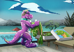  animate_inanimate anonymous_artist anthro chair cloud deflated_inflatable detailed_background dinosaur dromaeosaurid duo extinct eyewear eyewear_on_head furniture gesture goggles goggles_on_head hand_gesture hi_res holding_object inflatable living_inflatable looking_down lounge_chair male mountain plant pool pool_toy prehistoric_species raptary reptile scalie sky theropod thumbs_up tree tyrannosaurid tyrannosauroid tyrannosaurus tyrannosaurus_rex umbrella water zoran 