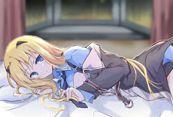  baldr_(series) baldr_sky black_jacket blonde_hair blue_eyes blue_necktie blue_shirt blurry blurry_background blush breasts collared_shirt female highres jacket kirishima_rain long_hair looking_up lying medium_breasts necktie on_bed on_side parted_lips shirt solo usetsusakon2 very_long_hair 