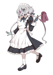  :d alternate_costume apron black_dress blue_neckwear blue_ribbon dress duster enmaided female frilled_apron frills full_body highres konno_junko looking_at_viewer low_twintails maid maid_apron maid_headdress open_mouth patchwork_skin puffy_sleeves red_eyes ribbon shoes simple_background smile solo somasoutaro standing standing_on_one_leg stitched_face stitches twintails victorian_maid white_apron white_background white_hair white_legwear zombie zombie_land_saga 