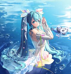  :3 absurdres ahoge animal aqua_eyes aqua_hair breasts bubble choker closed_mouth commentary detached_sleeves dot_nose dress female forehead frilled_choker frilled_skirt frills gem green_ribbons hair_ornament hair_ribbon hatsune_miku highres large_breasts long_hair looking_at_viewer madaeng mermaid miku_with_you_(vocaloid) monster_girl ocean outdoors own_hands_together panda pearl_(gemstone) pink_ribbon ribbon scales shadow shell_hair_ornament skirt smile solo star_(symbol) strapless strapless_dress twintails very_long_hair vocaloid wading white_dress white_sleeves 