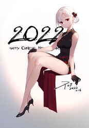  2022 absurdres black_poi china_dress chinese_clothes chinese_new_year dress female flower full_body girls&#039;_frontline gloves hair_flower hair_ornament happy_new_year high_heels highres kar98k_(girls&#039;_frontline) red_eyes solo white_background white_hair 