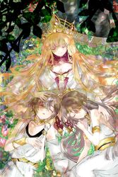  1boy 2girls adele_(fate) armlet asa_(1asa-0-asa1) bad_id bad_pixiv_id bare_shoulders blonde_hair blush breasts brother_and_sister brown_hair cleavage closed_eyes crown dress europa_(fate) fate/grand_order fate_(series) highres jewelry large_breasts long_hair long_sleeves makarios_(fate) medium_breasts multiple_girls neck_ring short_hair siblings sleeping smile toga very_long_hair white_dress 