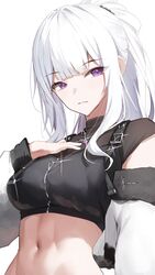  black_shirt breasts closed_mouth crop_top cropped_jacket expressionless female hand_on_own_chest hand_up highres huhi_(huhi_1211) ine_(vtuber) jacket jewelry long_hair long_sleeves looking_at_viewer medium_breasts midriff navel necklace off_shoulder ponytail purple_eyes shirt short_sleeves simple_background solo stomach upper_body virtual_youtuber waktaverse white_background white_hair white_jacket 