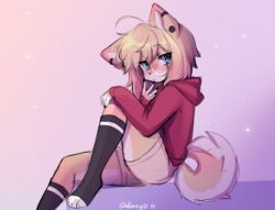  anakoluth animal_ears aska_(anakoluth) black_socks blonde_hair blue_eyes dog_ears dog_girl dog_tail female furry furry_female glasses highres hood hoodie kneehighs long_sleeves looking_at_viewer original red_hoodie round_eyewear short_hair socks solo tail 