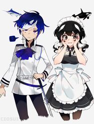  1boy absurdres black_eyes black_hair black_legwear blue_hair ciosuii cross cross_earrings earrings female highres holding holding_sword holding_weapon jewelry long_hair maid marlin_(fish) multicolored_hair orca original pantyhose personification purple_eyes short_hair single_earring swept_bangs sword weapon white_hair 