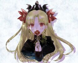  asa_(1asa-0-asa1) bad_id bad_pixiv_id black_dress blonde_hair blush closed_mouth covered_mouth dress earrings ereshkigal_(fate) ereshkigal_(third_ascension)_(fate) eyebrows_hidden_by_hair fate/grand_order fate_(series) female floating_hair flower gold_trim hair_ribbon hands_up happy_tears high_collar hoop_earrings infinity_symbol jewelry light_particles long_hair long_sleeves looking_at_viewer own_hands_together parted_bangs red_eyes red_flower red_ribbon ribbon skull skull_ornament smile solo straight-on tearing_up tears tiara two_side_up 