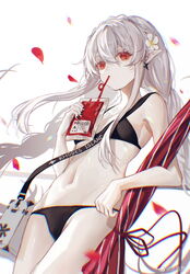  absurdres arknights bikini black_bikini black_nails blood blood_bag braid breasts closed_umbrella colored_skin cowboy_shot drinking dutch_angle ear_piercing english_text female flower hair_flower hair_ornament highres long_hair looking_at_viewer navel official_alternate_costume petals piercing pointy_ears red_eyes red_umbrella sanyue_xun small_breasts solo stomach swimsuit twin_braids umbrella vampire very_long_hair warfarin_(arknights) warfarin_(casual_vacation)_(arknights) weibo_watermark white_flower white_hair white_skin 