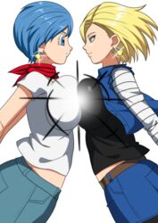  2girls absurdres android android_18 belt blonde_hair blue_eyes blue_hair blue_skirt blue_vest breast_press breasts breasts_squeezed_together bulma_briefs closed_mouth commission dragon_ball dragon_ball_super dragon_ball_z earrings eighteenetzel eye_contact fusion highres implied_yuri jewelry large_breasts looking_at_another midriff_peek multicolored_hair multiple_girls pantyhose pixiv_commission potara_earrings red_scarf scarf shirt short_hair simple_background skirt smile symmetrical_docking vest white_background white_shirt yuri 