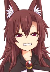  animal_ear_fluff animal_ears black_capelet brooch brown_hair capelet clenched_teeth dress female frown grimace hair_between_eyes half-closed_eyes imaizumi_kagerou jewelry long_hair looking_at_viewer portrait red_eyes sidelocks simple_background solo teeth touhou tsurime white_background white_dress wince wolf_ears wool_(miwol) 