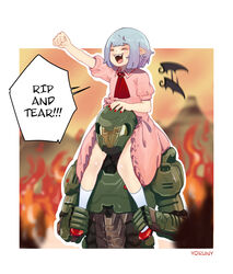  &gt;_&lt; 1boy armor artist_name ascot assault_visor bat_wings blue_hair blurry blurry_background brooch carrying clenched_hand closed_eyes commentary doom_(2016) doom_(series) doomguy dress english_commentary english_text female flapping hell highres jewelry no_headwear oerba_yun_fang open_mouth orange_visor outline pink_dress pointy_ears praetor_suit red_ascot red_footwear red_nails remilia_scarlet rip_and_tear_(phrase) short_hair shoulder_carry socks speech_bubble touhou unamused white_outline white_socks wings yoruny 