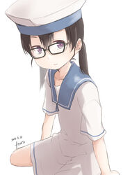  absurdres bespectacled black_hair blue_collar collar dated dress female fyuo glasses hat highres kantai_collection one-hour_drawing_challenge purple_eyes sailor_dress sailor_hat short_hair short_sleeves shounan_(kancolle) signature simple_background solo twintails white_background white_dress white_hat white_legwear 