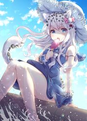  :o animal_ears animal_print bare_arms bare_legs bare_shoulders blue_dress blue_eyes bow bowtie bra_strap cloud day dress feet_out_of_frame female floating_hair food gomano_rio hat highres holding leopard_ears leopard_print leopard_tail long_hair looking_at_viewer oerba_yun_fang open_mouth original outdoors popsicle sailor_collar sailor_dress shaded_face sitting sleeveless sleeveless_dress solo spaghetti_strap strap_slip sun_hat sunlight tail thighs water white_day white_hair white_hat wrist_cuffs 