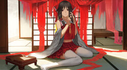  bow brown_hair closed_mouth collarbone commentary crop_top danzir detached_sleeves female frilled_bow frilled_hair_tubes frills full_body hair_tubes hairbow hakurei_reimu hands_up highres indoors light_frown long_hair looking_at_viewer midriff neckerchief on_ground red_bow red_eyes red_skirt red_vest sidelocks sitting skirt skirt_set sliding_doors solo tatami thighhighs touhou tying_hair vest wariza white_sleeves white_thighhighs wide_sleeves yellow_neckerchief 