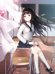  black_footwear black_hair blue_neckerchief blue_sailor_collar blue_skirt chair chalkboard cherry_blossoms chitanda_eru classroom commentary_request curtains desk female highres hime_cut hyouka indoors kamiyama_high_school_uniform_(hyouka) kneehighs loafers long_sleeves looking_afar midriff_peek muyue navel neckerchief on_desk open_window parted_lips pleated_skirt purple_eyes sailor_collar school_chair school_desk school_uniform shoes sitting skirt socks solo white_socks window 