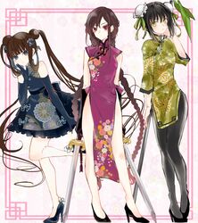  3girls asa_(1asa-0-asa1) bad_id bad_pixiv_id bare_shoulders black_gloves black_hair black_legwear blue_dress blue_eyes blue_gloves blush braid breasts brown_hair bun_cover cherry_blossom_print china_dress chinese_clothes chrysanthemum_print double_bun dress dual_wielding earrings elbow_gloves fate/grand_order fate_(series) floral_print flower full_body gloves green_dress green_eyes green_ribbons hair_bun hair_flower hair_ornament hair_ribbon high_heels highres holding jewelry kikumon large_breasts long_hair long_sleeves looking_at_viewer medium_breasts multiple_earrings multiple_girls pantyhose polearm purple_dress qin_liangyu_(fate) red_eyes ribbon sidelocks spear sword twin_braids twintails very_long_hair weapon yang_guifei_(fate) yu_mei-ren_(fate) 