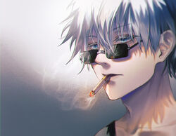  1boy blue_eyes cigarette collarbone gojou_satoru grey_background hair_between_eyes highres jujutsu_kaisen looking_away male_focus mouth_hold portrait short_hair smoke smoking solo sunglasses two-tone_background white_background white_hair whitetown 