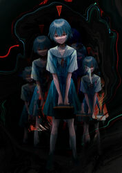  absurdres ayanami_rei bag black_background blue_hair blue_skirt blurry closed_mouth collarbone commentary expressionless female glitch highres kineta kneehighs looking_at_viewer multiple_views neck_ribbon neon_genesis_evangelion red_eyes red_ribbon ribbon school_bag school_uniform shirt short_hair short_sleeves skirt socks standing suspender_skirt suspenders tokyo-3_middle_school_uniform white_legwear white_shirt 