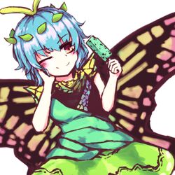  antennae aqua_hair bad_anatomy bad_arm blush butterfly_wings closed_mouth dress eternity_larva fairy female food green_dress hair_between_eyes highres holding holding_food insect_wings leaf leaf_on_head multicolored_clothes multicolored_dress one_eye_closed orange_eyes popsicle short_hair short_sleeves simple_background smile solo touhou wasabisuke white_background wings 