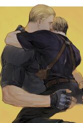  2boys ass bara belt black_gloves black_pants black_shirt brown_belt closed_eyes couple fingerless_gloves gloves hand_on_another&#039;s_ass highres hug jack_krauser leon_s._kennedy male_focus multiple_boys muscular muscular_male pants resident_evil resident_evil_4 resident_evil_4_(remake) shirt vetania yaoi 