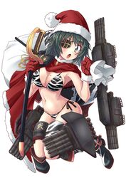  absurdres animal_print bikini boots breasts cape christmas cleavage commentary_request cutlass eyepatch female fur-trimmed_gloves fur-trimmed_headwear fur_trim gloves green_eyes green_hair hat highres kantai_collection kiso_(kancolle) machinery medium_breasts red_cape red_gloves red_hat sack santa_hat school_uniform serafuku short_hair side-tie_bikini_bottom simple_background solo swimsuit tiger_print torpedo_launcher white_background yaegashi_(muzzuleflash) 